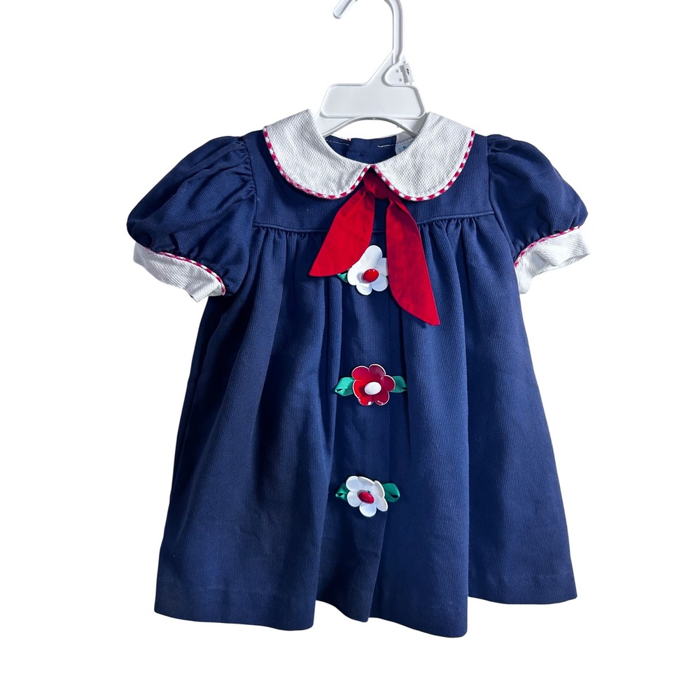 Peaches 'n Cream Corduroy Dress 2T Navy Blue Floral Bow Peter Pan Collar Toddler